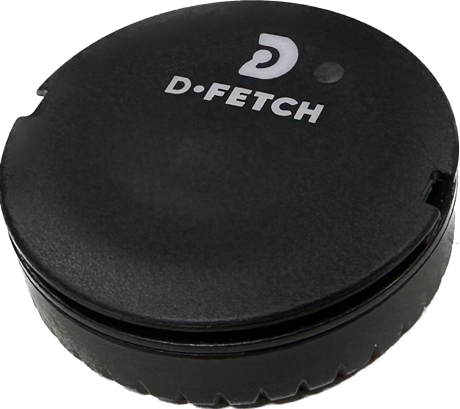 D-Fetch wireless sensor with the D-Fetch logo printed on its top surface
