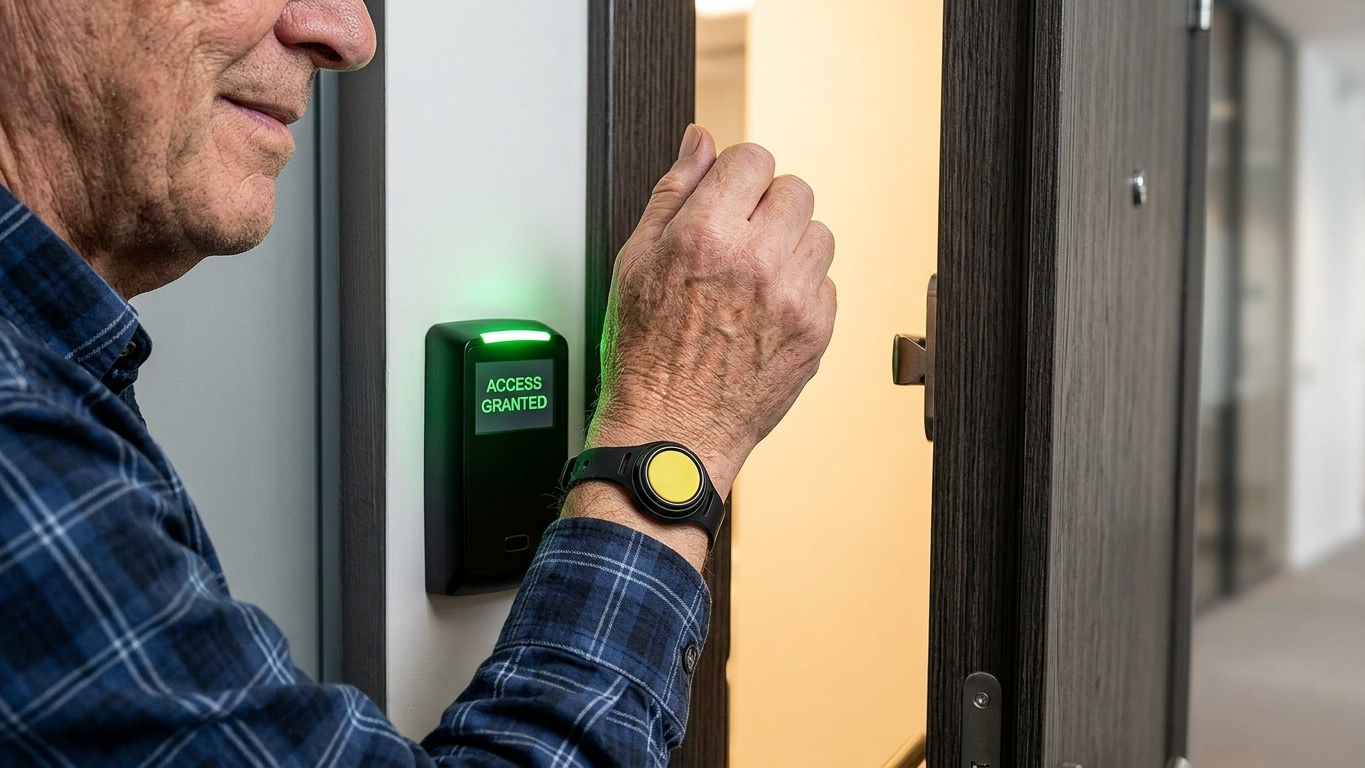 A person using a wristband to unlock a door