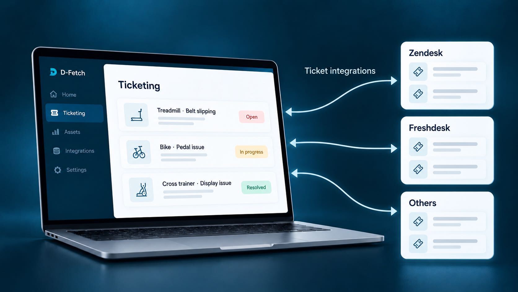 D-Fetch ticket integrations: a laptop ticket list for a treadmill, a bike and a cross trainer connected to Zendesk, Freshdesk and other systems
