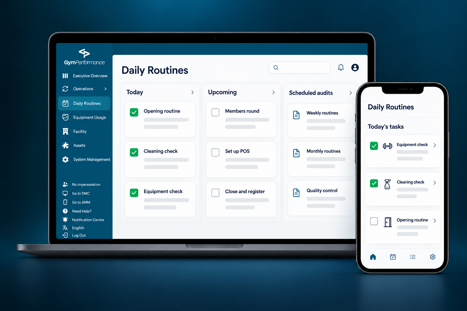 GymPerformance daily routines on laptop and phone showing today’s tasks, upcoming routines and scheduled audits
