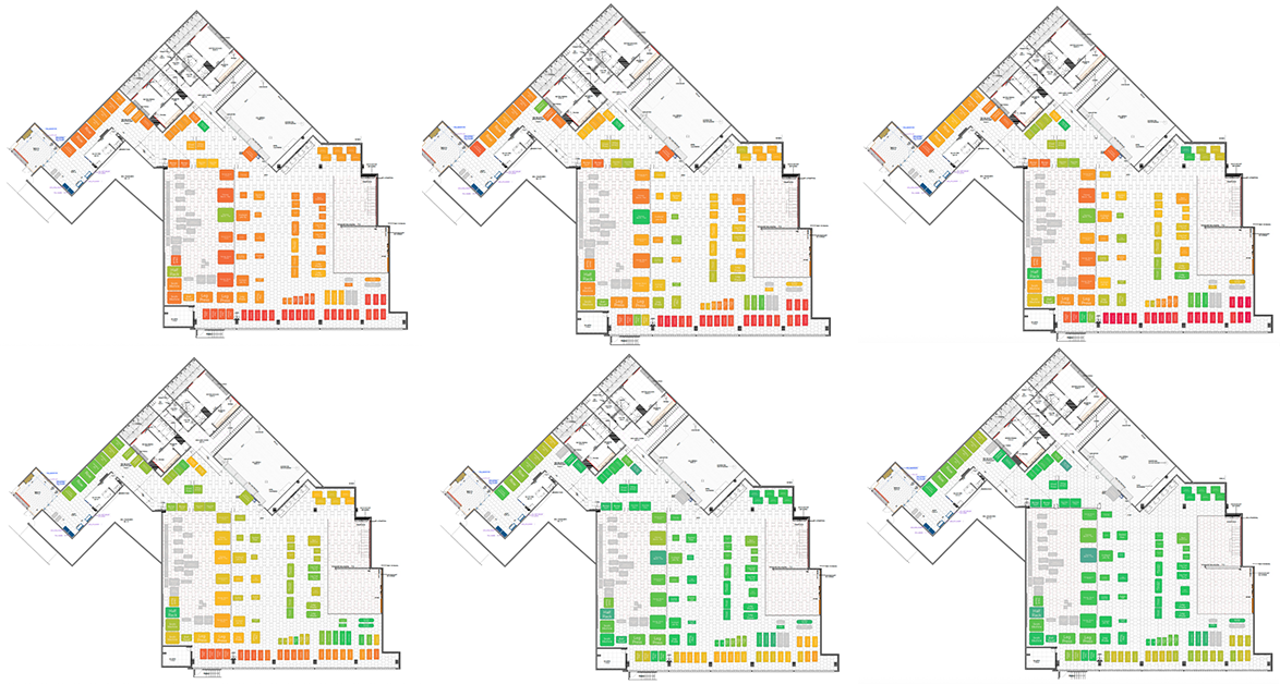 Temperature changes across a building floor plan over time