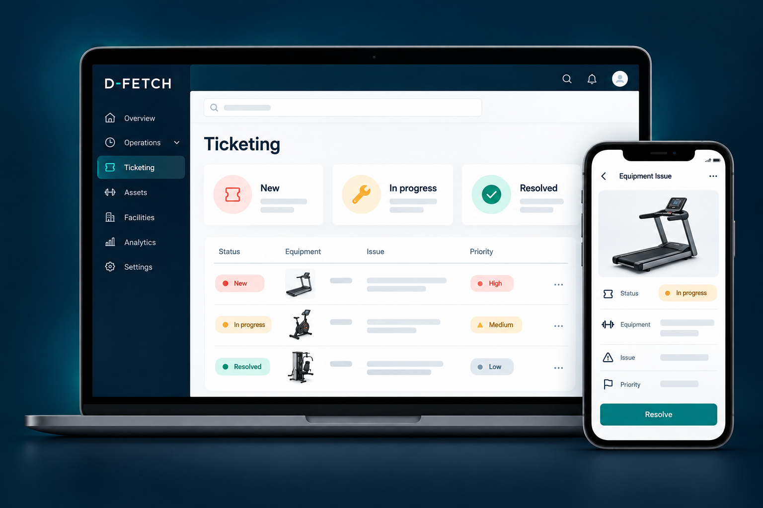 D-Fetch ticketing on laptop and phone showing new, in progress and resolved equipment issues, with one equipment issue ready to resolve