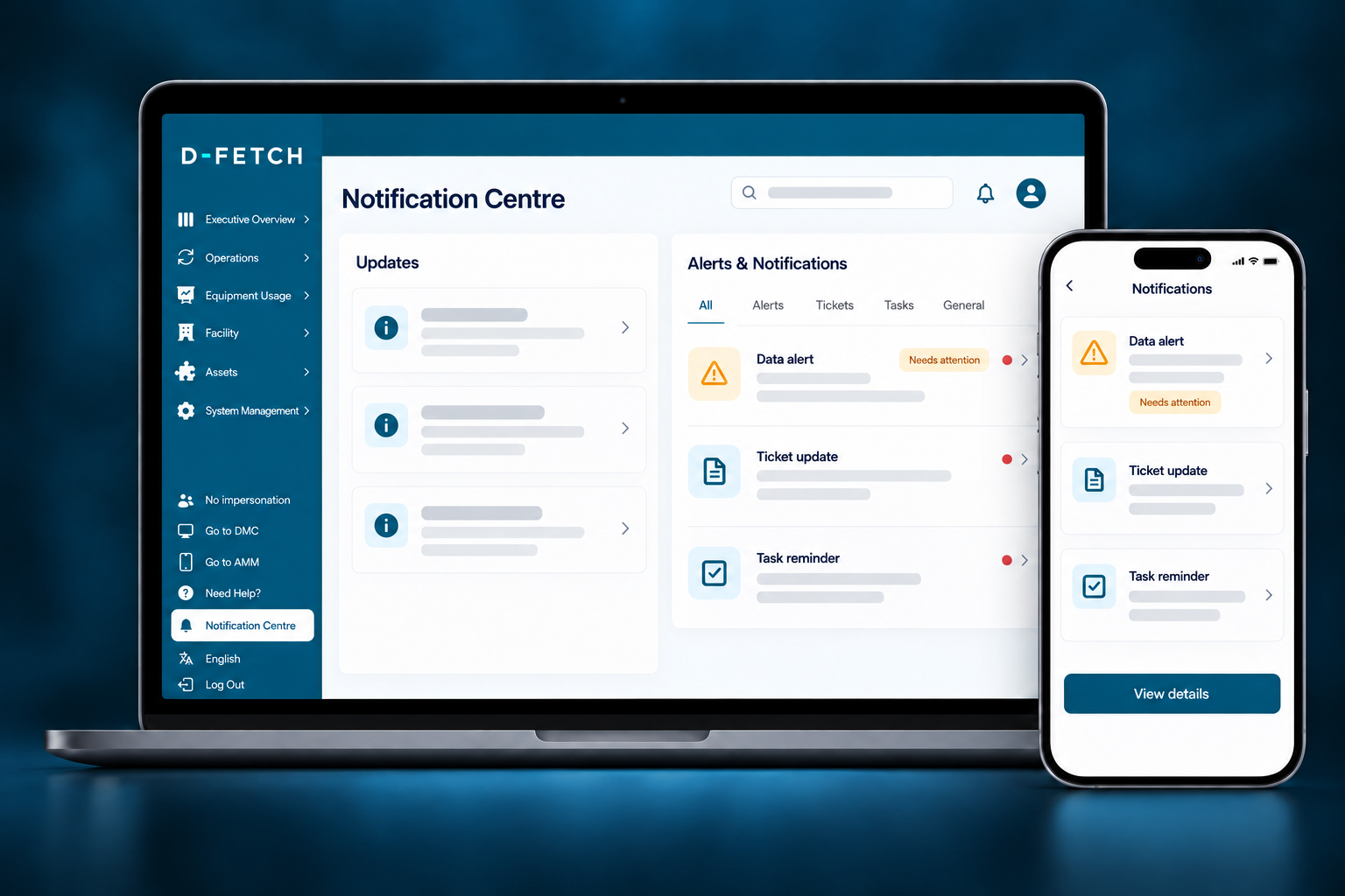 D-Fetch Notification Centre on laptop and phone showing data alerts, ticket updates and task reminders, one flagged as needing attention