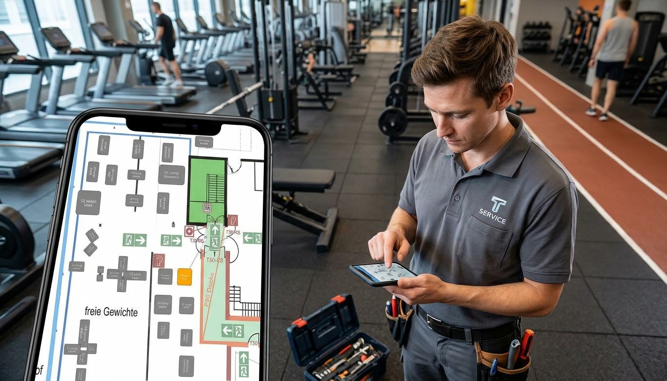 Technician with an open toolbox on a gym floor checking an asset's position on a floor plan on his phone, with the floor plan shown enlarged beside him