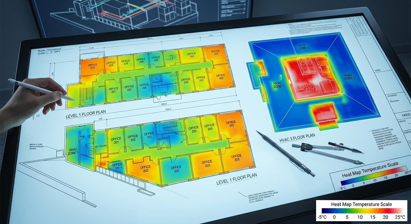 Floor plan showing temperature across a building as a colour heat map