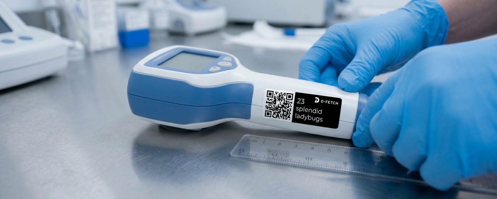 Gloved hands checking a medical device fitted with a D-Fetch QR asset tag