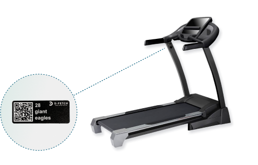 A D-Fetch QR label on gym equipment, ready to be registered