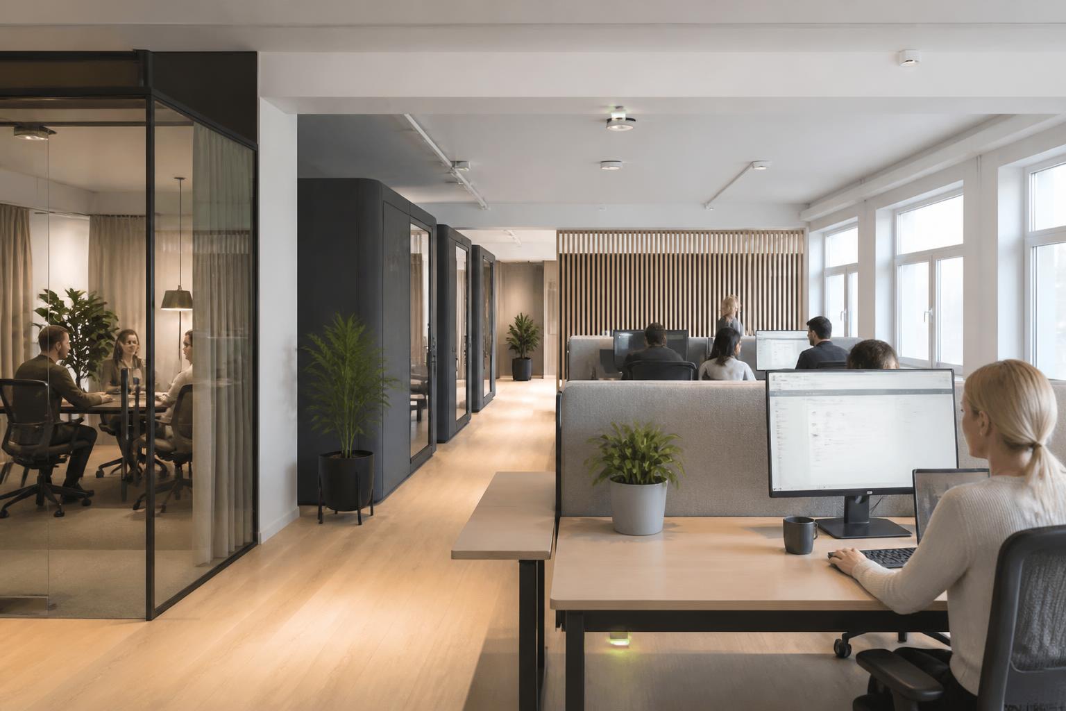 Scandinavian office with connected desks, rooms, and meeting pods