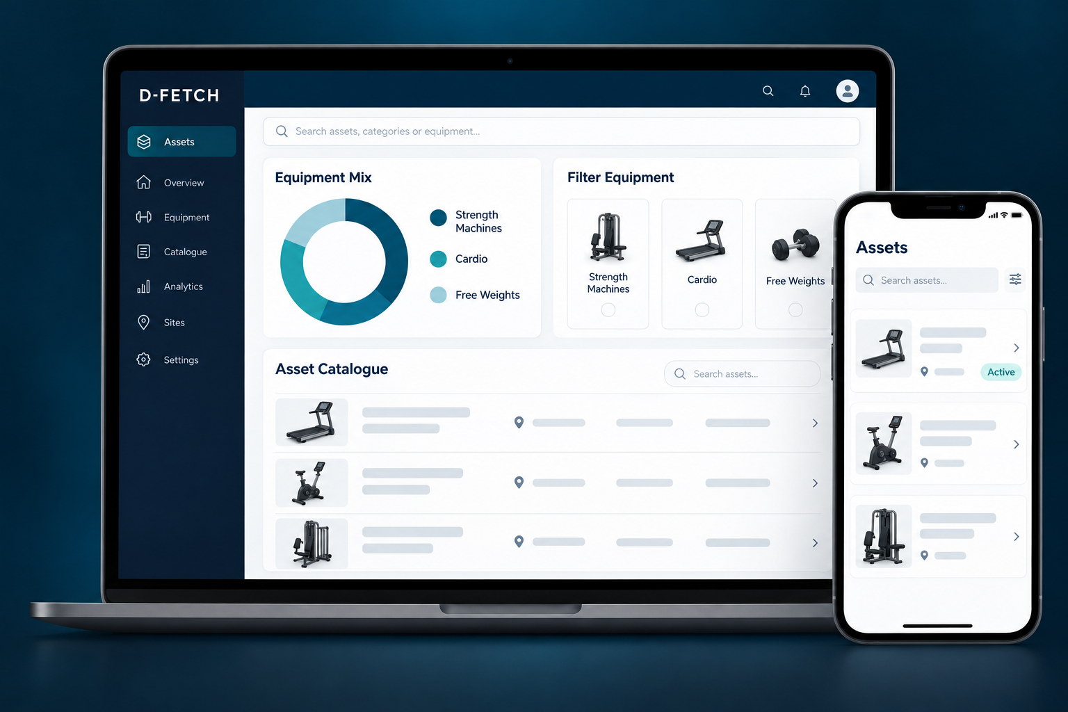 D-Fetch asset catalogue on laptop and phone showing equipment mix, filters and a searchable list of assets