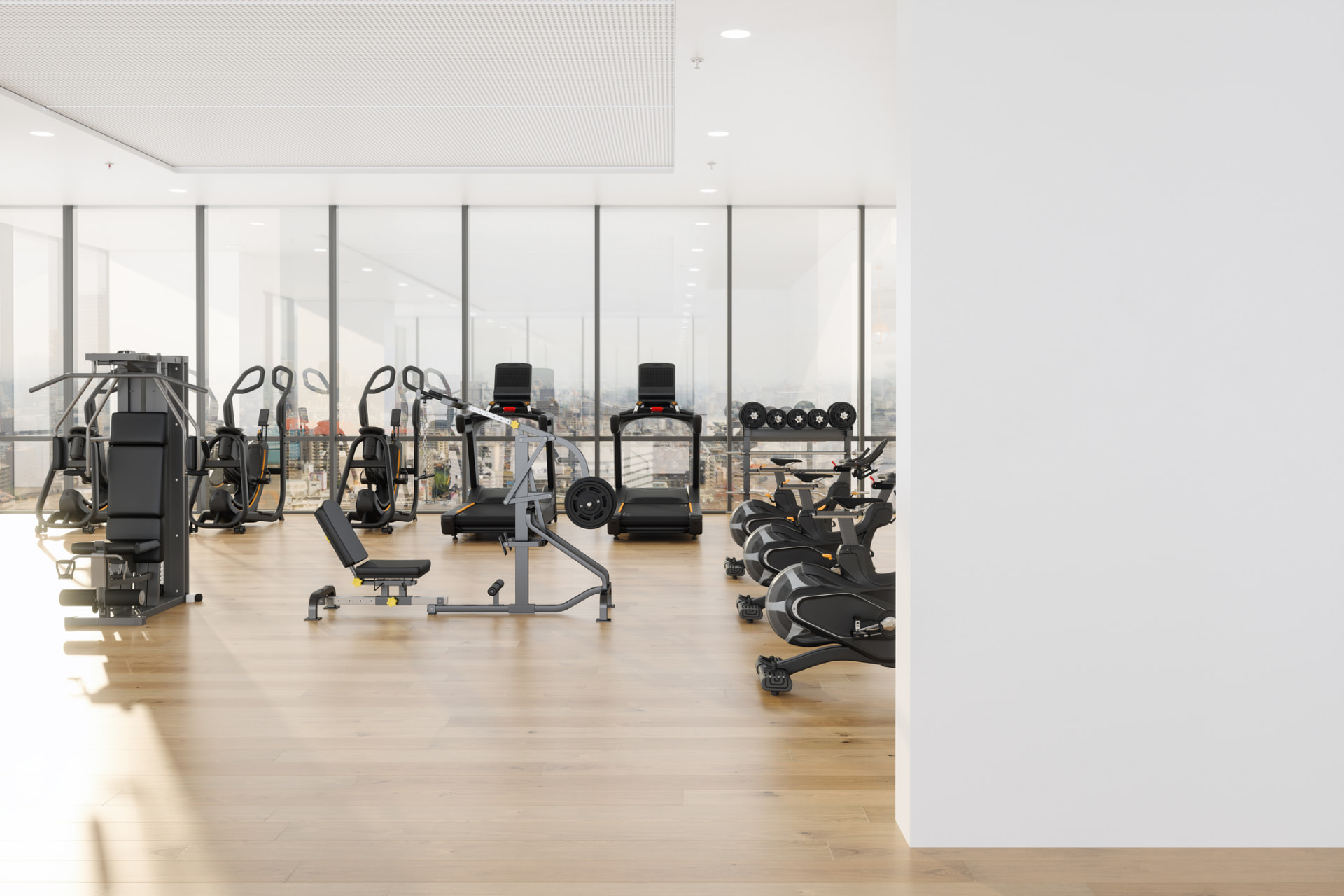Bright gym interior with connected equipment ready for use