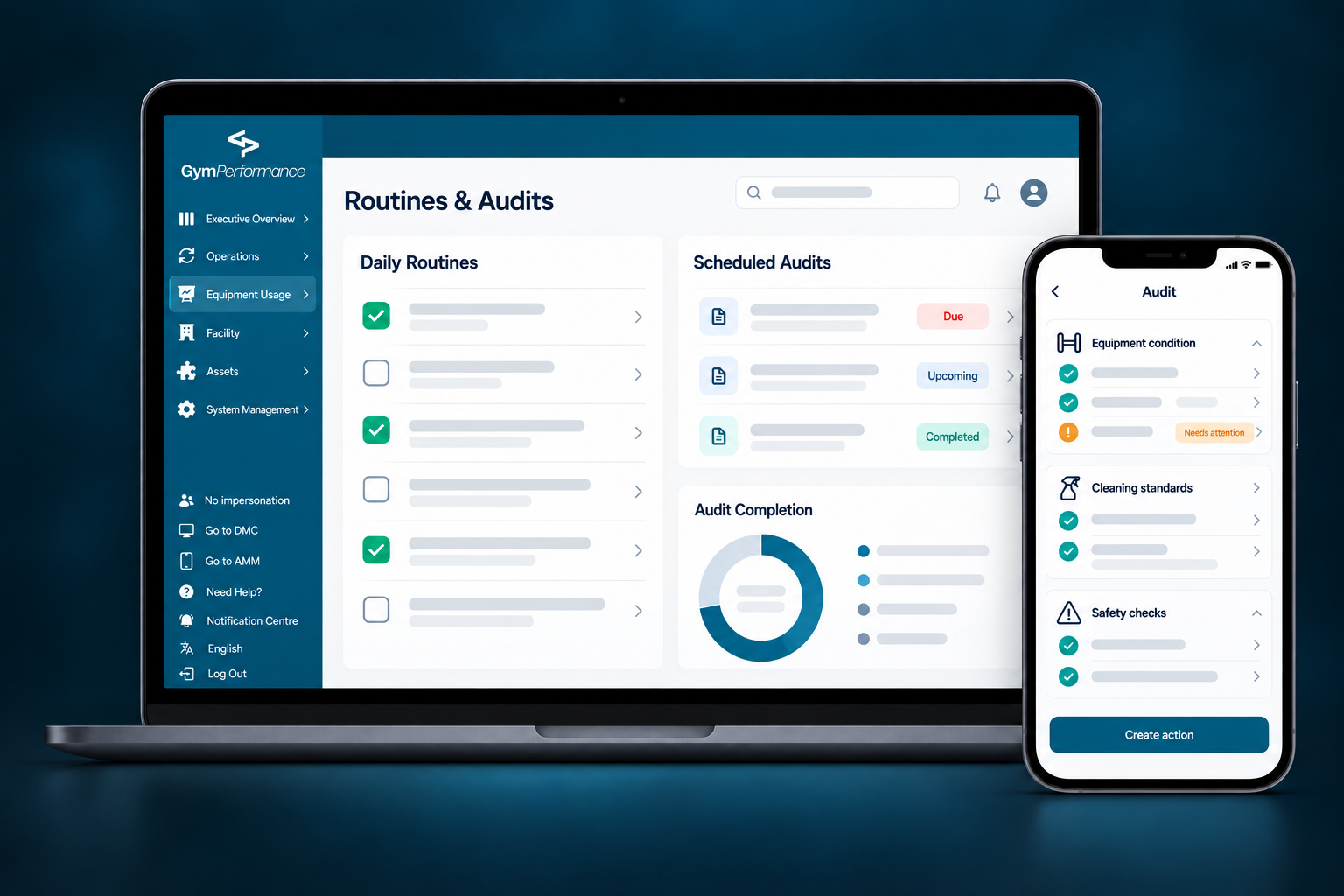 GymPerformance routines and audits on laptop and phone showing daily routines, scheduled audits and an audit checklist with an item flagged for follow-up