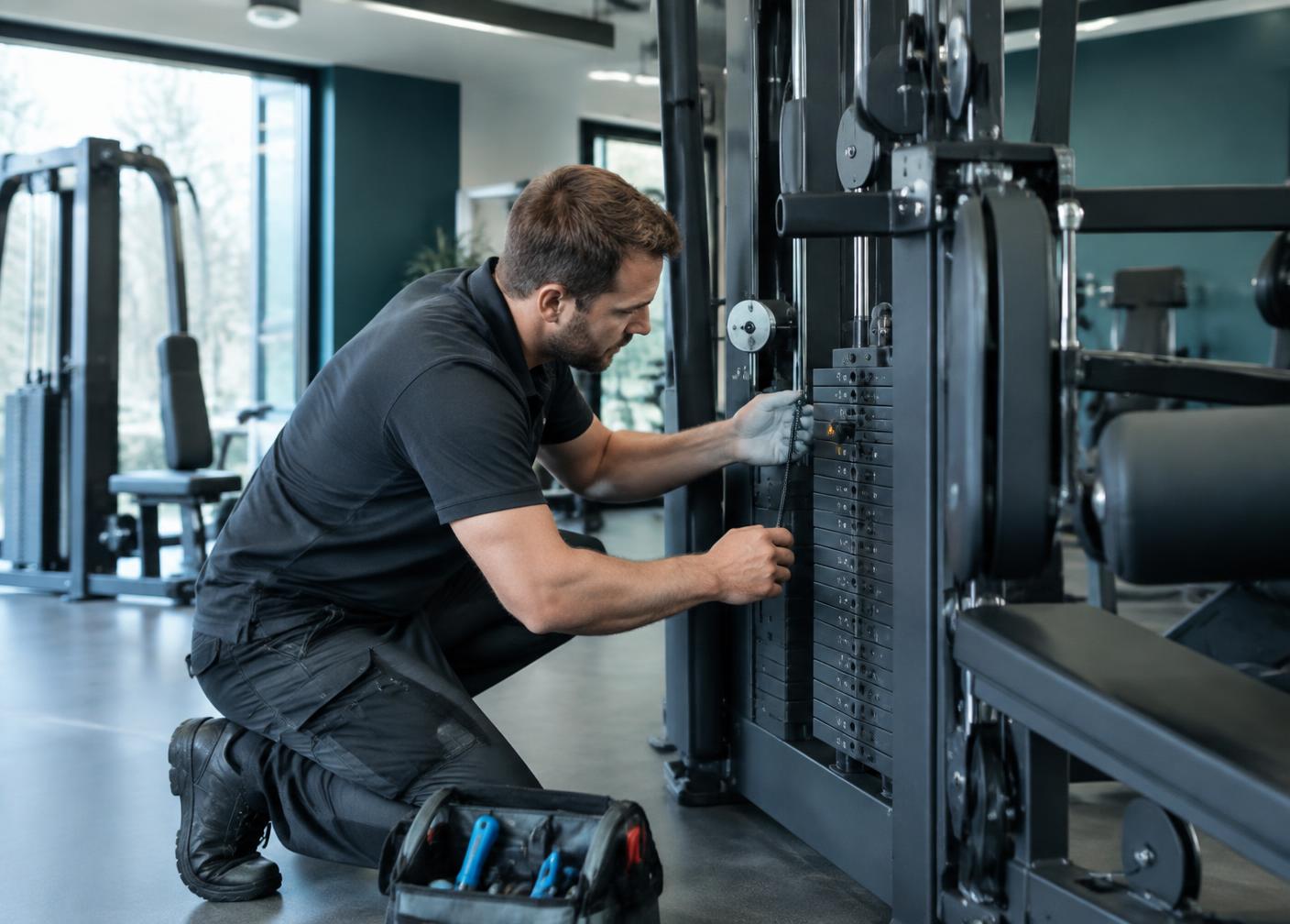 Technician maintaining gym equipment