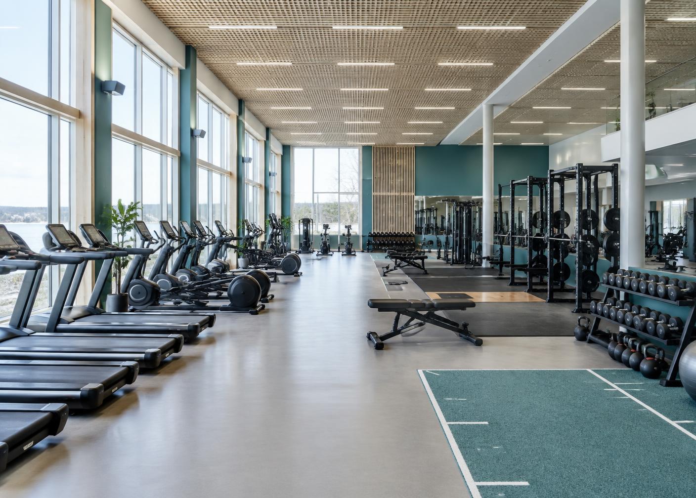 Gym floor with equipment across a large site