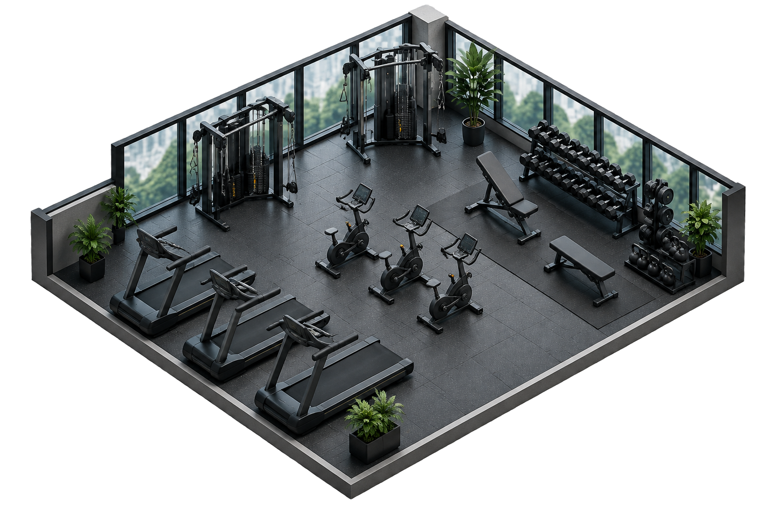 Illustrative isometric gym floor with treadmills, exercise bikes and strength equipment