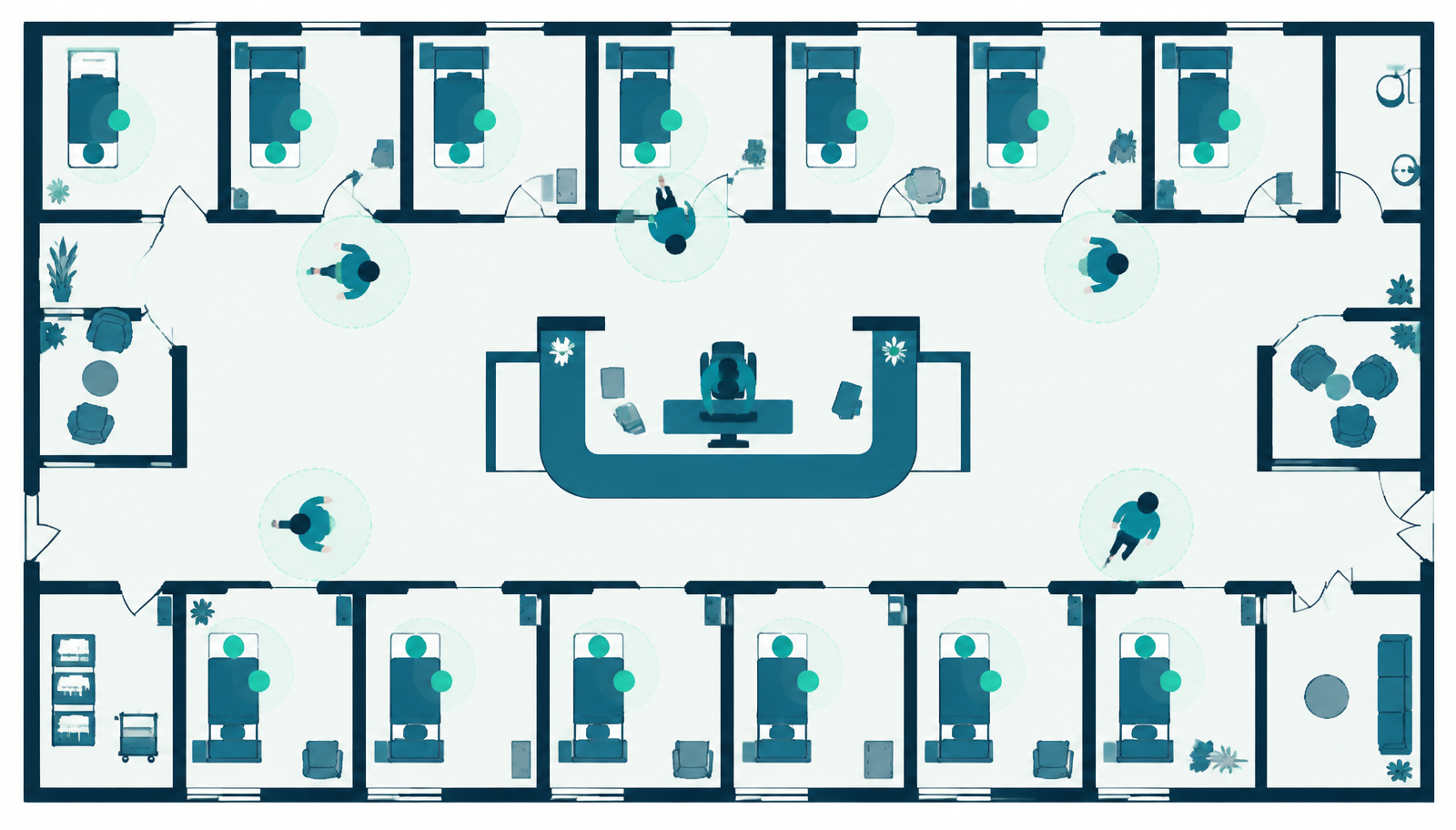 Illustration of a nursing home ward floor plan with position signals from resident wristbands and caregivers